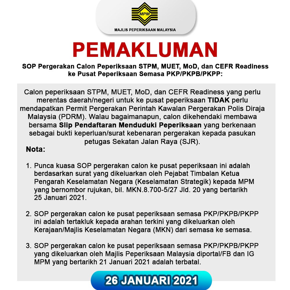 makluman sop pergerakan exam terkini