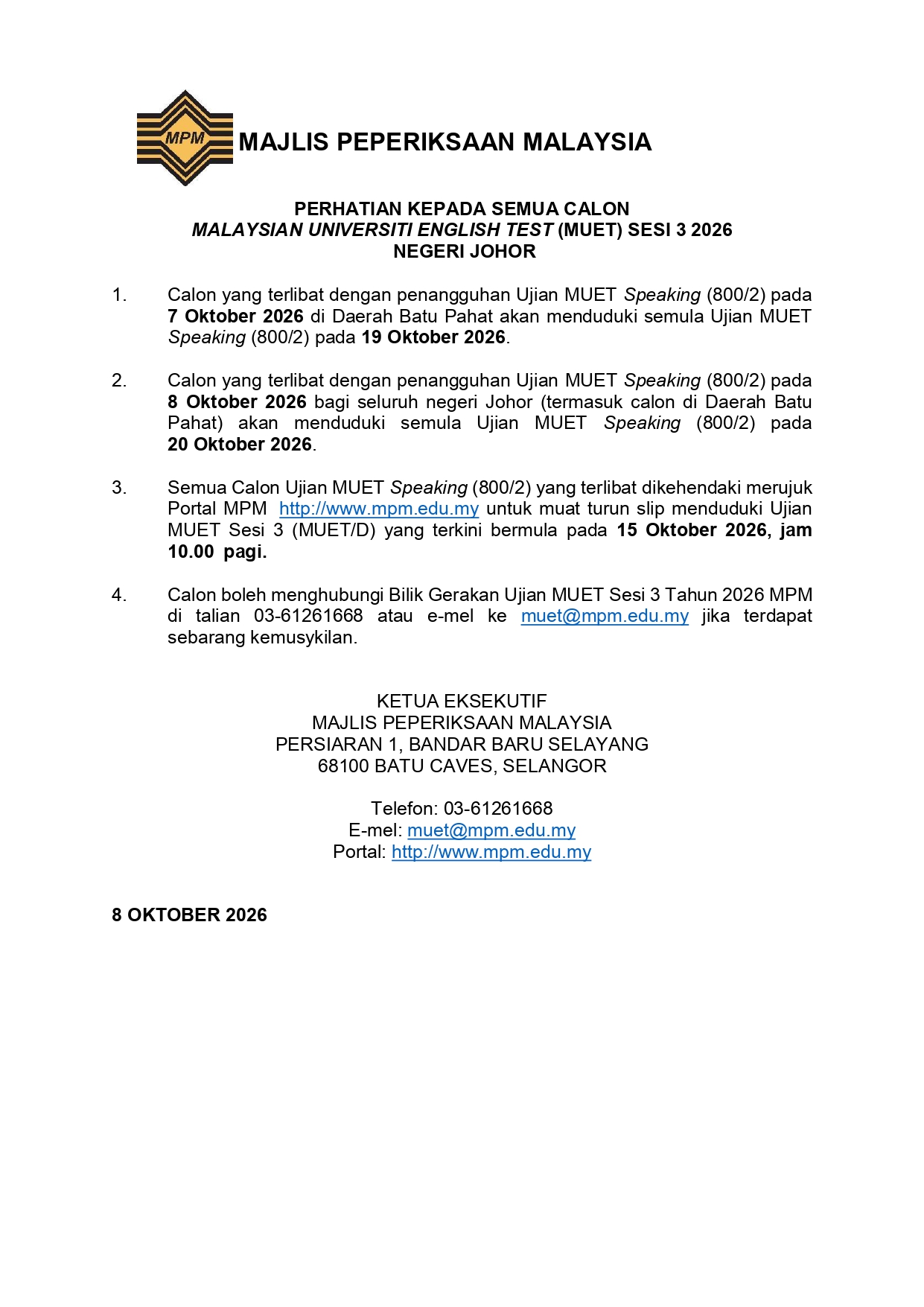 Pemakluman Penangguhan MUET Speaking Calkn Johor