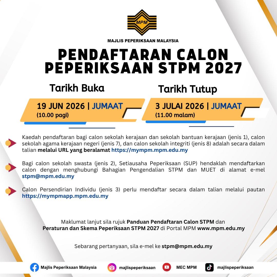 Pendaftaran Calon Peperiksaan STPM 2027