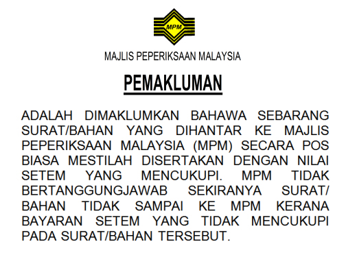 Notis : Pemakluman Bayaran Setem berkenaan Surat/Bahan yang di pos ke MPM